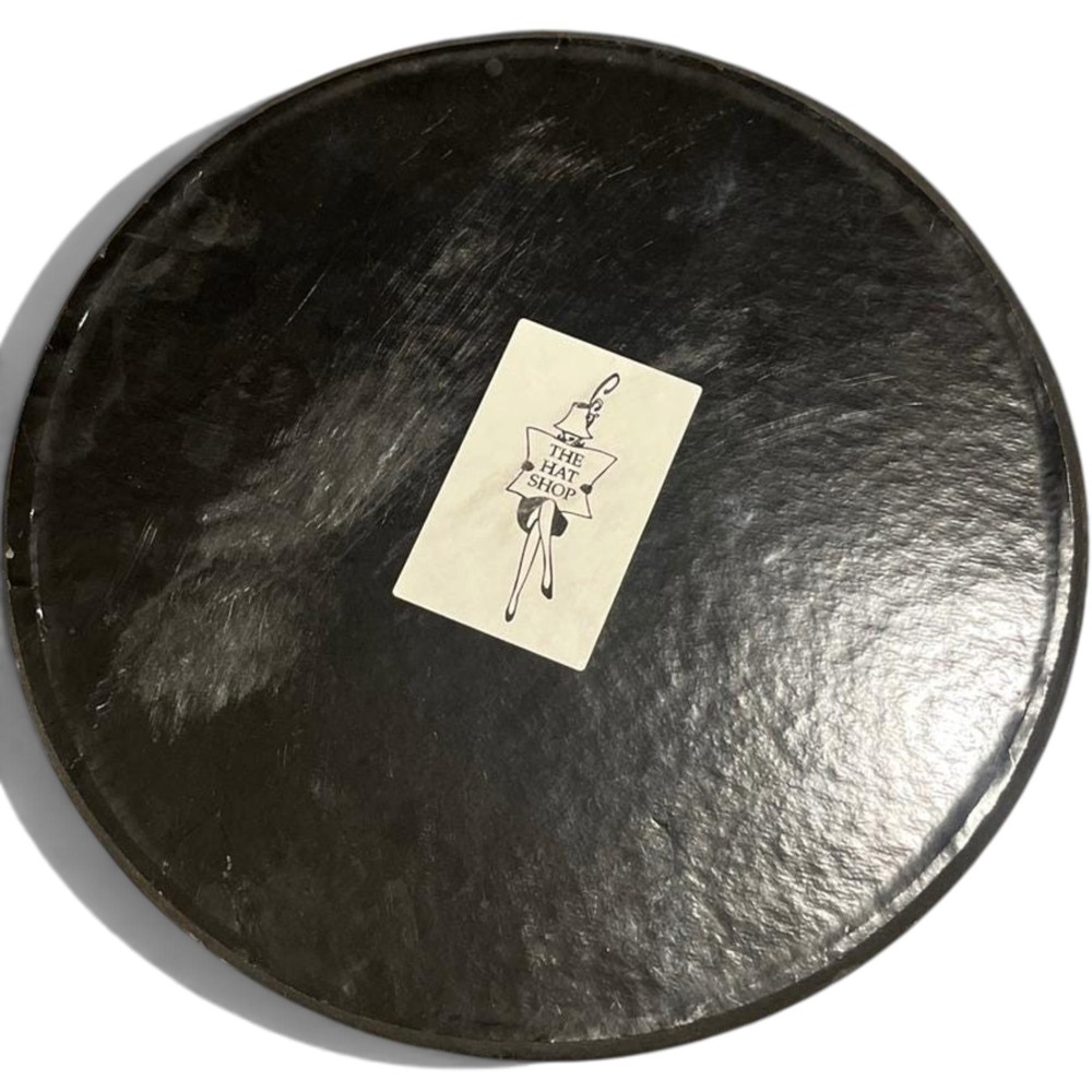 Vintage The Hat Shop Round Black Glossy Hat Box with Braided Cord Handle 13 inch
